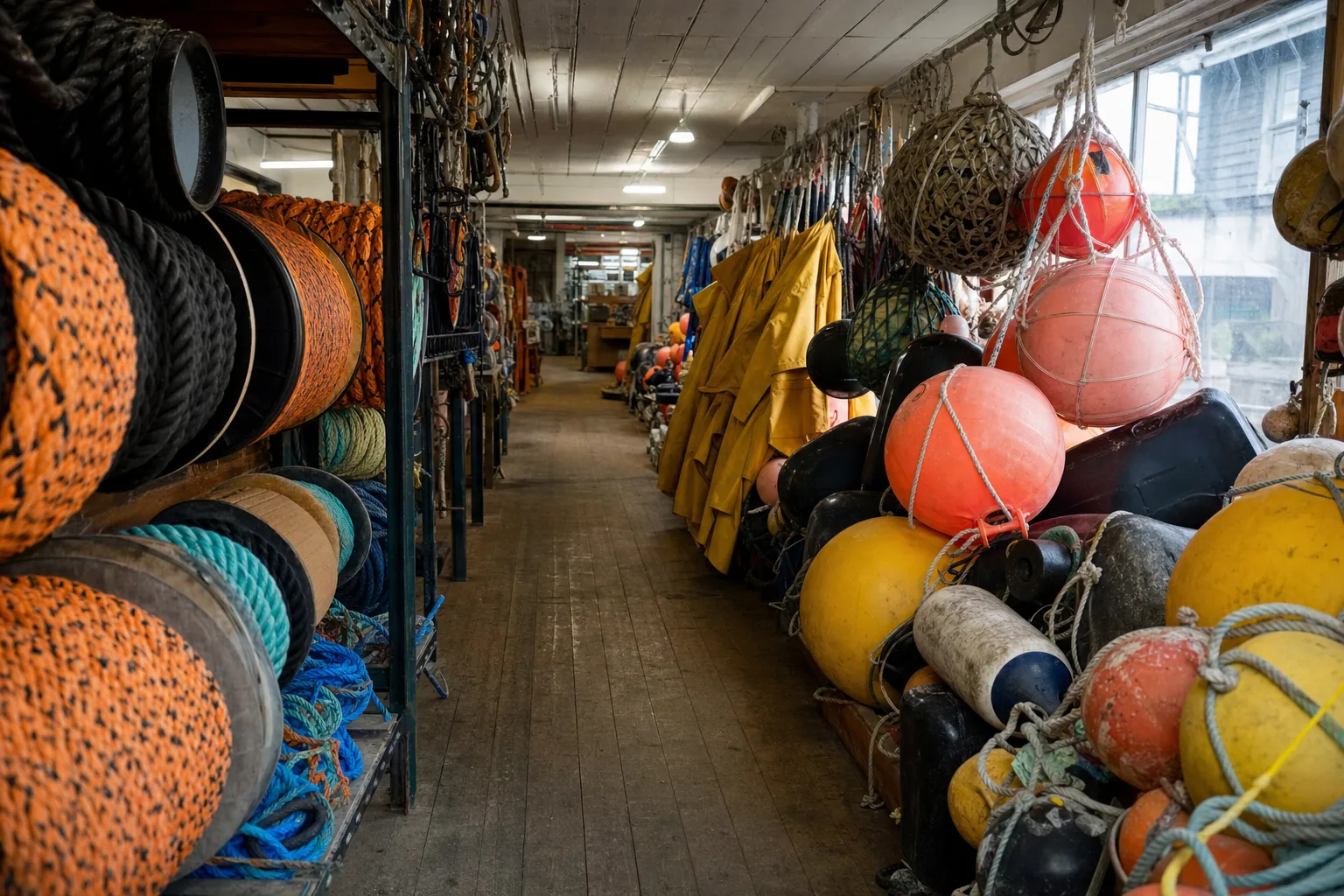 The interior of a working harbour chandlery with rope, floats and oilskins